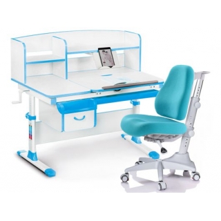 Комплект Mealux-EVO Evo-50 BL (арт. Evo-50 BL + Y-528 KBL) / (стол+полка+кресло) / белая столешница / цвет пластика голубой (коробок-5 шт.)