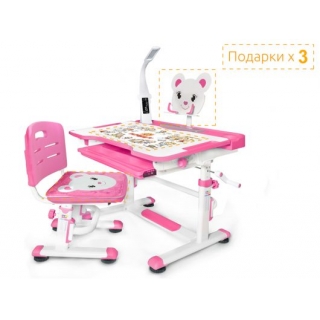 Комплект мебели (столик + стульчик + ЛЭД лампа с индикатором) Mealux EVO BD-04 New XL Teddy WP+Led - столешница белая / пластик розовый (две коробки)