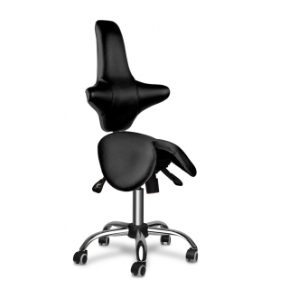 Кресло-седло со спинкой EZSolo Black: Колеса для твердых полов, Стальное пятилучье, Черный, Газ-лифт средний (60-80 см) Черный, Без подставки