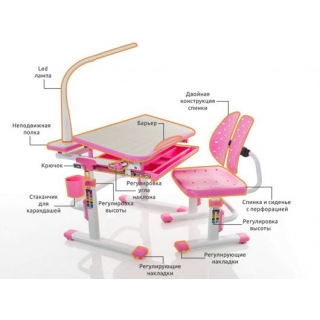 Комплект мебели (столик + стульчик + лампа) Mealux EVO-05 PN (с лампой) столешница цвета клен / пластик розовый (две коробки)