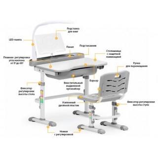 Комплект мебели (столик + стульчик + лампа) Mealux EVO-17 G (с лампой) столешница белая / пластик серый (одна коробка)