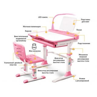 Комплект мебели (столик + стульчик + лампа) EVO-19 PN столешница белая / цвет пластика розовый (одна коробка)